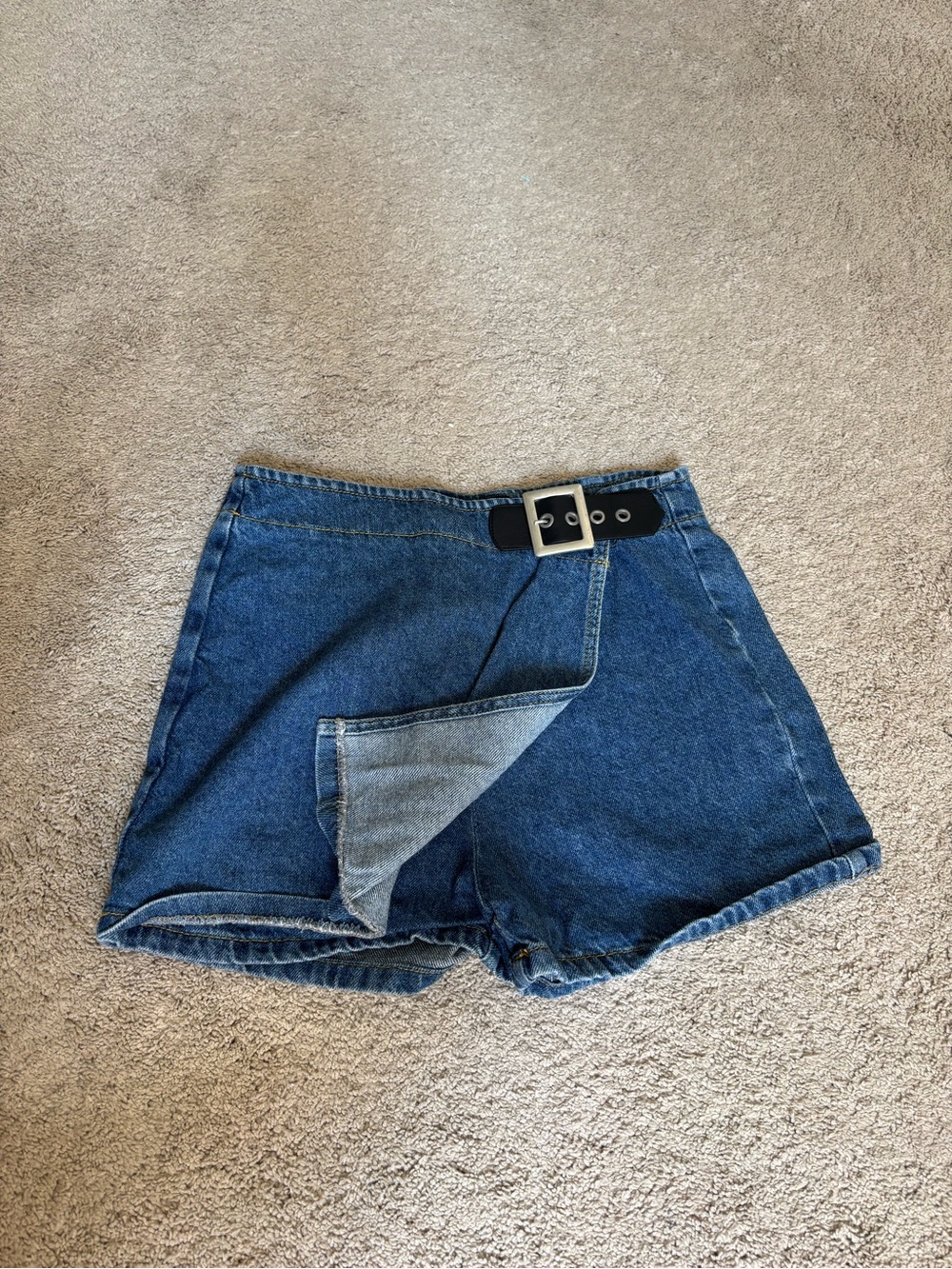 BDG Dark Blue Denim Wrap-Front Shorts with Black Buckle Belt